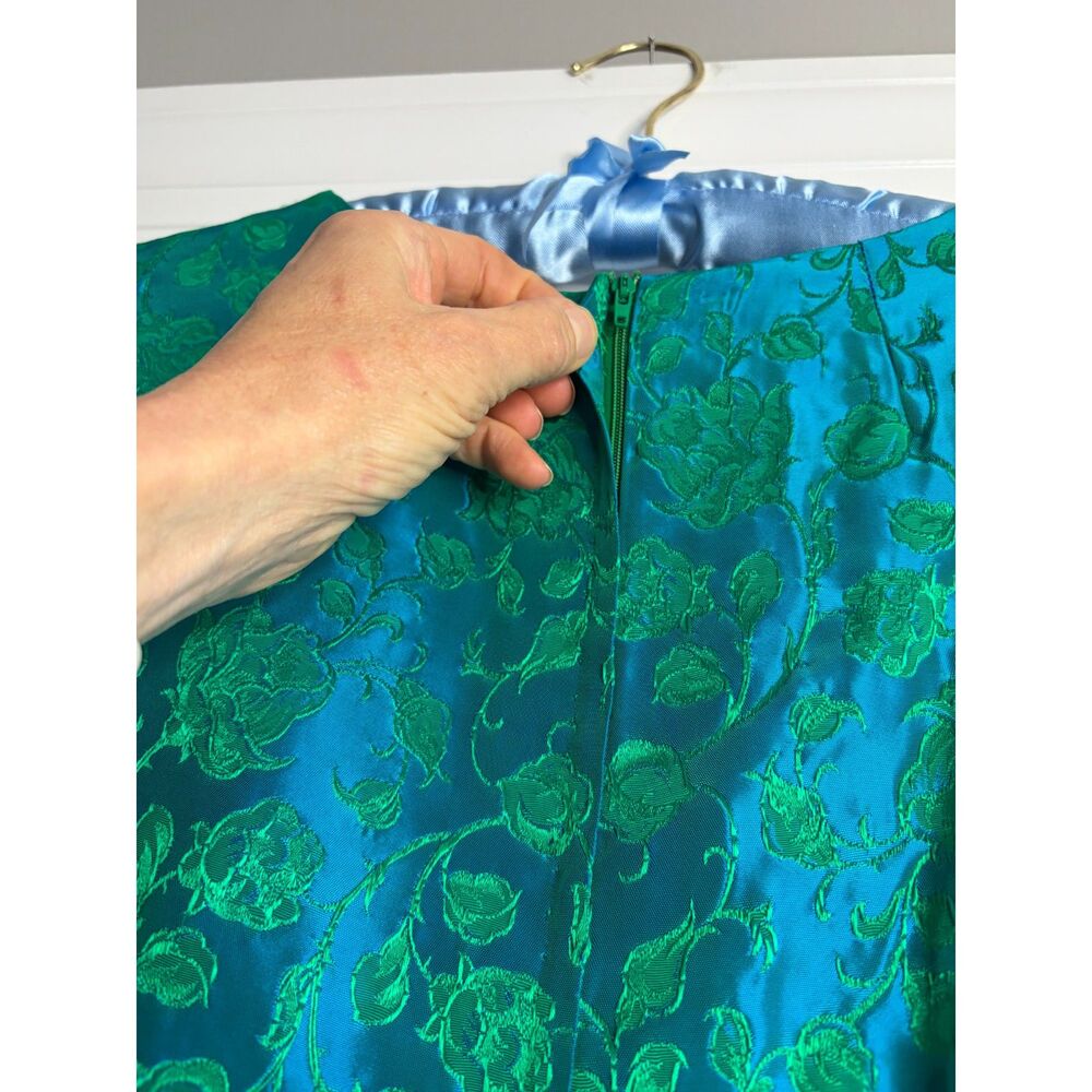 Vintage Late 1960s Emerald & Turquoise Floral Brocade Empire Waist Formal Gown S - Picture 6 of 12